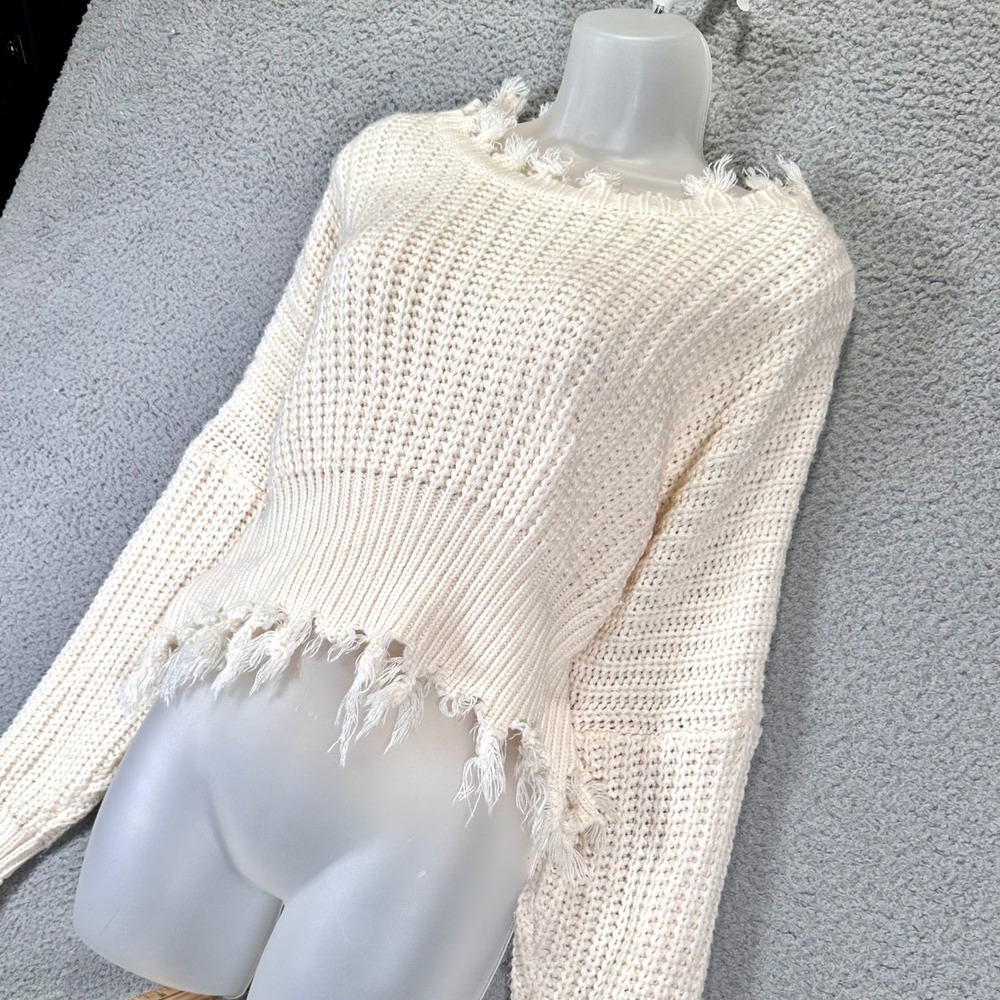 Cropped Sweater Cream Knit Oversized Frayed Women's‎ M/L Grunge Thrashed Event - Picture 16 of 16